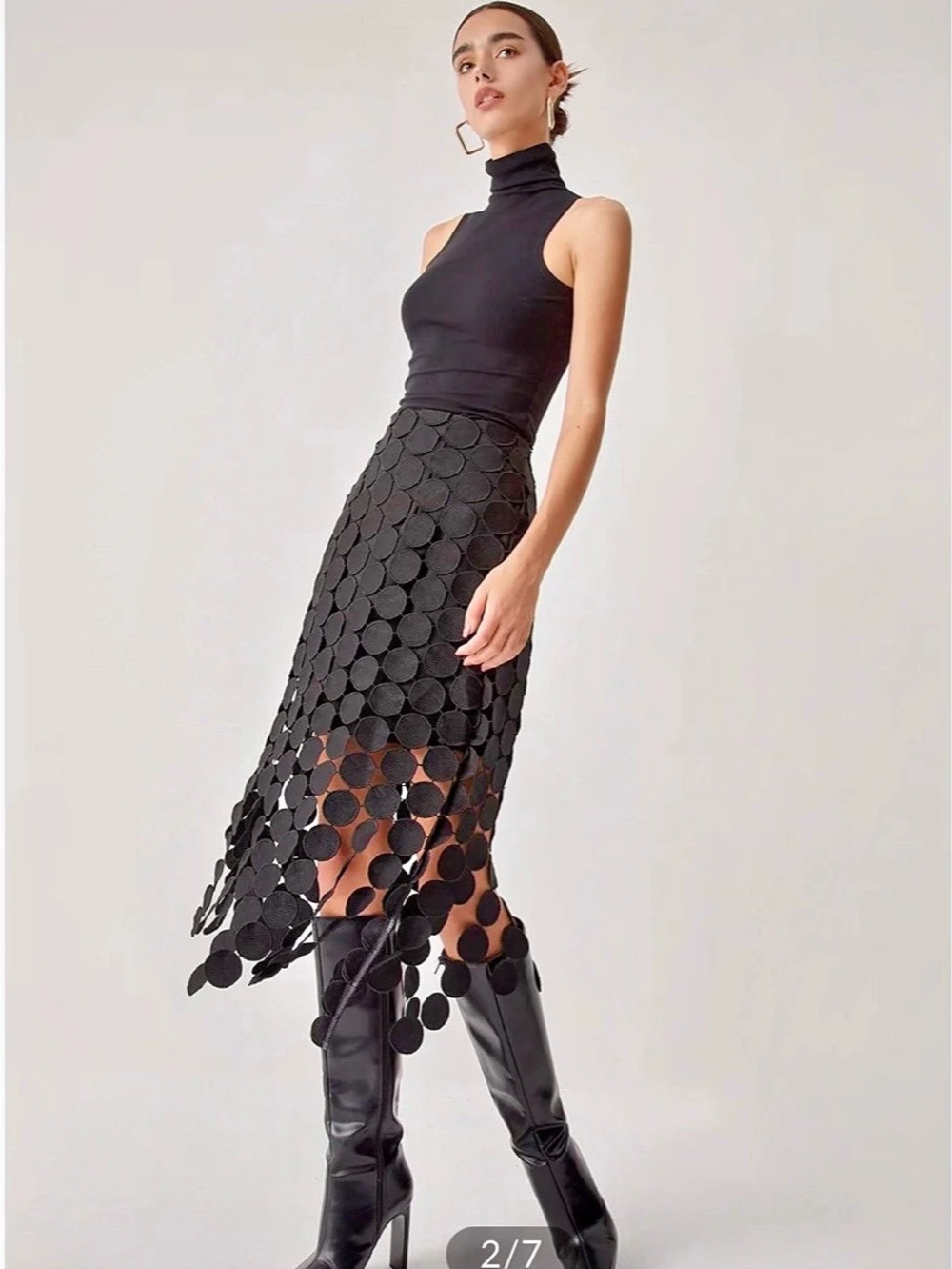 Commense Laser Cut Multi Circle Double Layered Skirt Black High Low Skirt